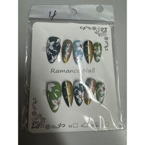 Press On Nails Almond Green Floral Gold Accent False Nails Glue On